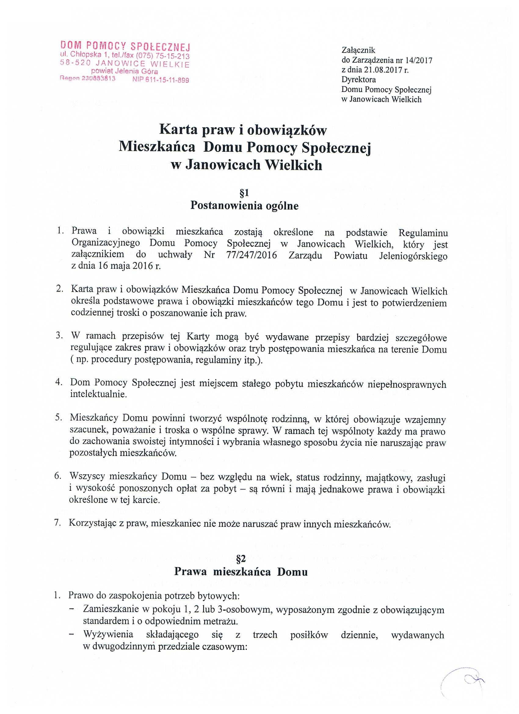 Karta praw i obowiązków Mieszkańca Domu Pomocy Społecznej w Janowicach Wielkich